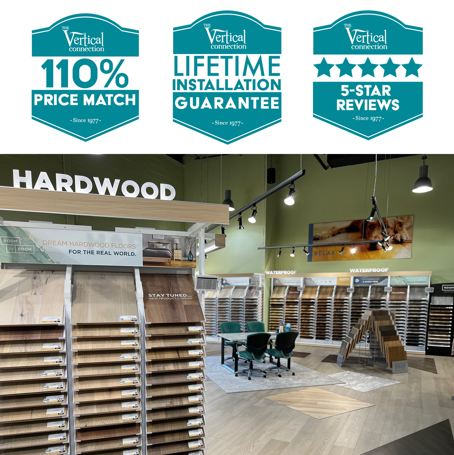 Flooring displays in showroom in Columbia, MD that serves Ellicott City and Howard County 